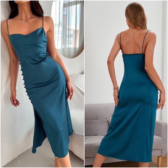 Boho Button Detail Slit Cami Midi Dress Teal Blue - Picture 3 of 8